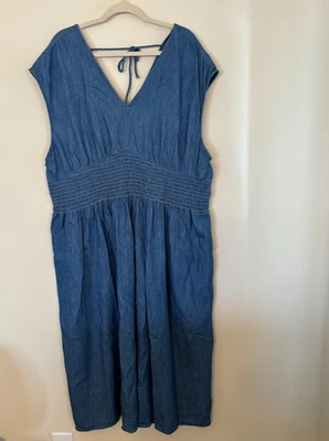 Antiguo Vestido Azul Marino Para Mujer XXL Azul Denim Cambray Cintura Ajustada Midi Cuello en V Bolsillos Foto 1 de 4