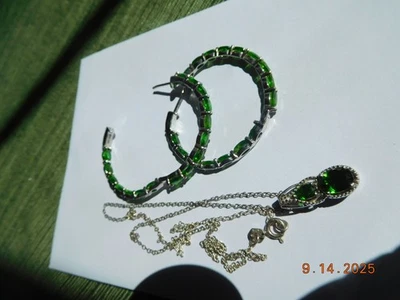 Sterling silver Chrome Diopside hoop earrings and necklace pendant - Imagem 1 de 4