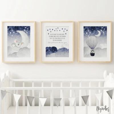 DIGIVITES Baby Nursery or Bedroom Wall Art Decor, Print Set, 3 for 2, Koala, clouds, stars
