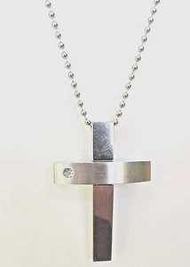 Croce uomo in acciaio inox grande lucida e spazzolata con pietra zirconi catena 22" - Foto 1 di 5