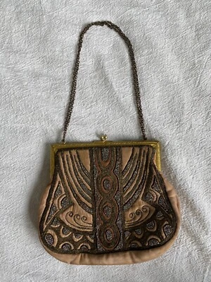 1920s French Micro Bead Embroidered Silk Purse Gold Silver Chain Thread Pink - Image 1 of 4