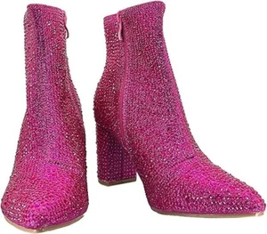 Forever Women Rhinstone Block Chunky Heel Ankle Bootie Fuchsia Size 6 - Picture 1 of 10