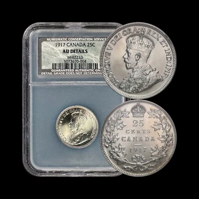 CANADA. 1917, 25 Cents, Silver - NGC AU - KGV, Whizzed, NCS Holder, Conservation - Image 1 of 4