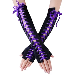 Women's Sexy Elbow Length Fingerless Lace Up Arm Warmer Long Lace Punk Gloves - Picture 1 of 22