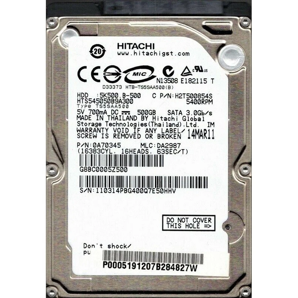 Hitachi 500GB HTS545050B9A300 5400RPM 8MB SATA 2.5" Laptop HDD Hard Disk Drive - Image 1 of 1