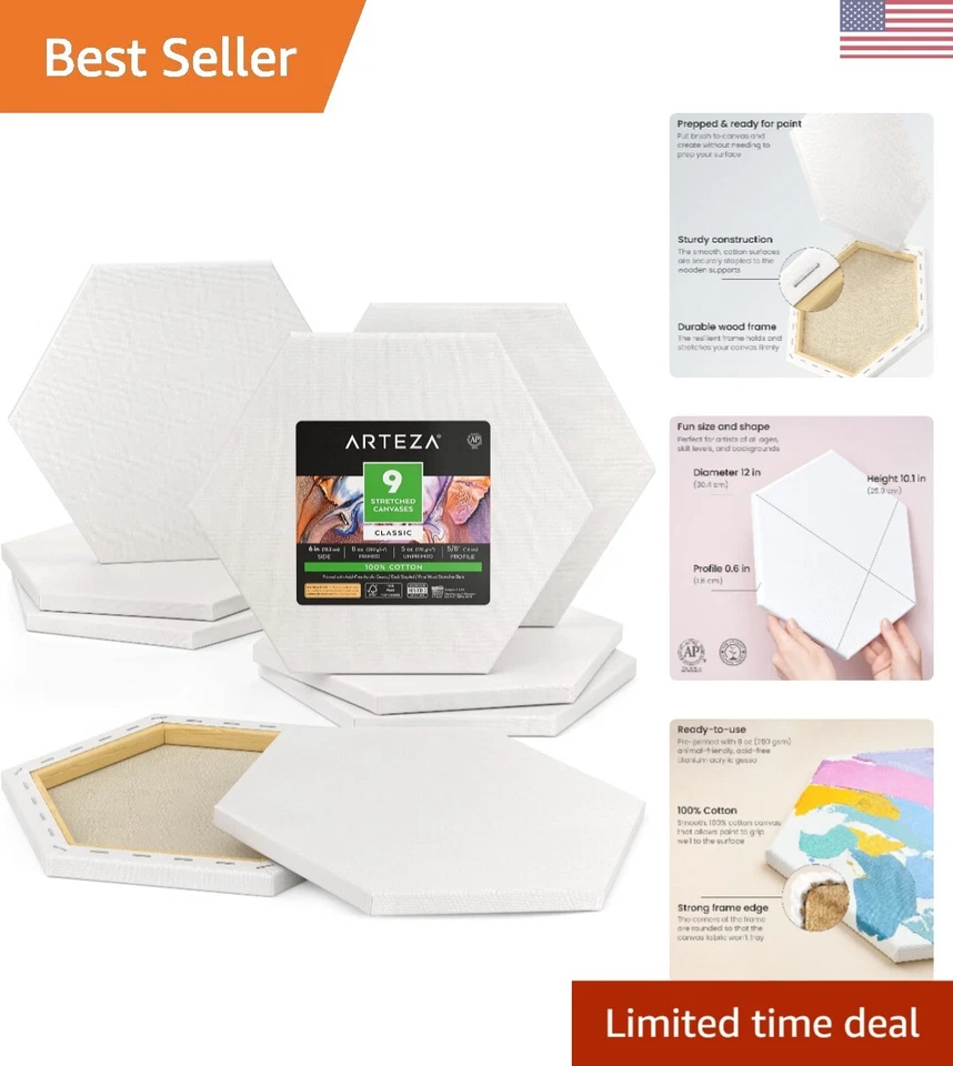 Hexagonal Stretched Canvas, 6 Inch Side, Pack of 9, Blank White Canvas Boards... - Image 1 of 4