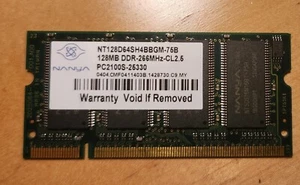 Nanya NT128D64SH4BBGM-75B 128MB DDR SoDimm Non ECC PC-2100 266Mhz Memory Module - Picture 1 of 3