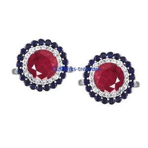 Natural Ruby Sapphire & CZ Gemstones 925 Sterling Silver Cufflinks For Men #32 - Picture 1 of 3