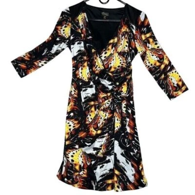 Floral Faux Wrap Ruched Waist 3/4 Sleeve Lined Colorful Career Dress - Image 1 of 4