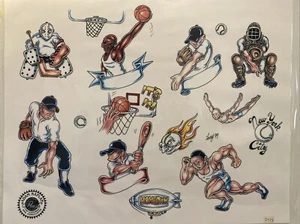 Adam Kaplan Paul Mafury 99 Tattoo Flash Wall Art Sheet Sports Baseball Hockey - Picture 1 of 1