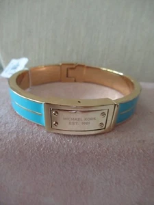 NWT Michael Kors Logo Plaque Gold Tone Enamel Bangle Bracelet/Turquoise/ Hinged - Picture 1 of 8