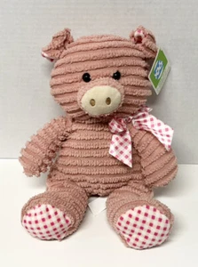 Hugfun Hug Fun rosa Kordel Schwein Chenille gerippt Plüsch 15 Zoll Stofftier kariertes Band - Bild 1 von 4