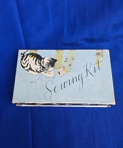 Antiguo kit de costura Belding Heminway Corticelli 24 carretes caja gatito con dedal - Imagen 1 de 7