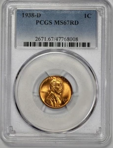 1938-D Lincoln 1c Cent PCGS MS 67 RD Wheat Penny - Picture 1 of 4