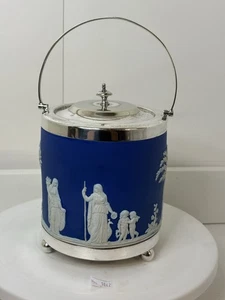 ANTIQUE WEDGWOOD COBALT BLUE JASPERWARE BISCUIT JAR With SILVER PLATEDLid & Feet - Picture 1 of 17