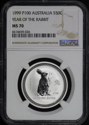 P100 Australia 50C Silver Year Of The Rabbit 1999 1/2 oz NGC MS-70 - ¡Poco pop! Foto 1 de 2