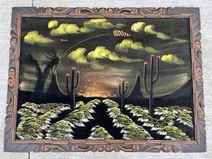 Vintage Black Velvet Felt Painting Desert Cactus Landscape - MCM 29"x39" - Picture 1 of 16
