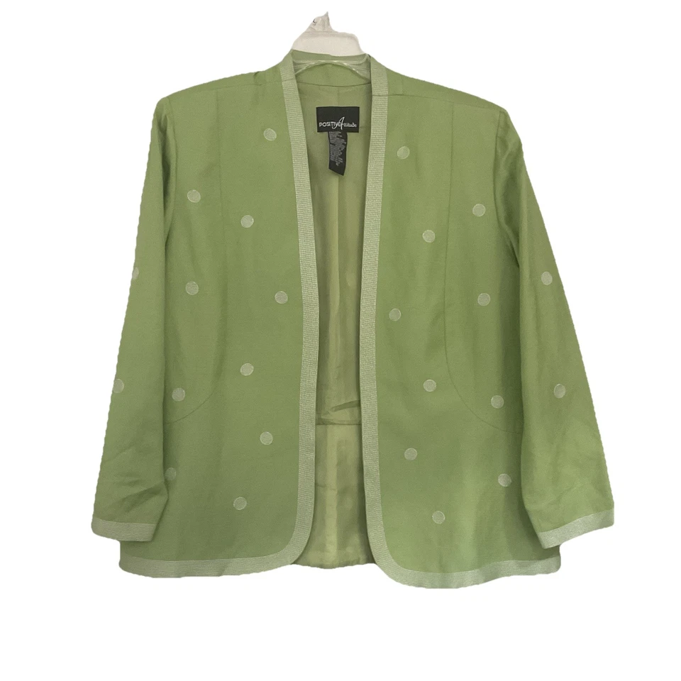 Blazer Chaqueta Abierta Positive Attitude Verde Lunares Mezcla Lino Talla 16 LS Belle Foto 1 de 4