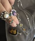 Sterling Silver Lot Opal Ring Cameo Amber Pendant Bracelet Pearl Paperclip Chain