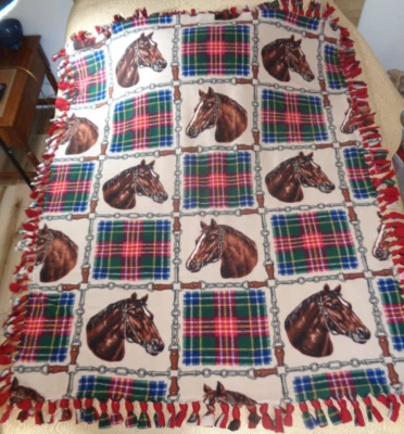 English Horses Snaffle Tie Knot Fleece Throw Blanket 60 X 50 Handmade Plaid Red - Image 1 of 4