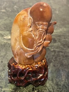 Vtg. Chinese tianhuang Figure Longevity God Shou Xing ,custom fitted wood base - Foto 1 di 5