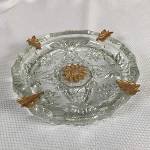 Vintage Cut Lead Crystal Ashtray Gold Leaves & Flower Accents 8" Round - Picture 1 of 8