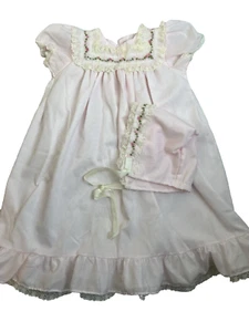 Long Baby Dress & Bonnet Girl 6 - 9 Months Pink Lace Embroidery Christening - Picture 1 of 9