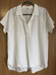 Amandi Blouse M White Split Neck Short Sleeve Frayed Hem! Tencel! - Picture 1 of 9