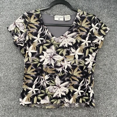 Kathy Ireland Blouse Top Womens M Gray Floral Scoop Neck Fitted 90s Fairy Y2K - Image 1 of 4