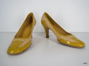 Prada Pumps Heels Spectators Sz 5 35 Patent Leather Yellow Rafia Work Party - Picture 1 of 12