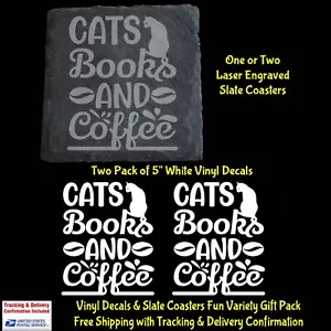 Libri per gatti e caffè due decalcomanie in vinile bianco 5" e un sottobicchiere in ardesia inciso al laser - Foto 1 di 3