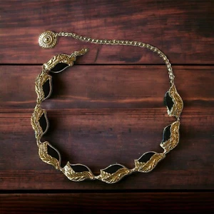 VTG Il-Yang Belt Gold w/ Black Enamel Leaf-Shaped Links Adjustable 31-42” Korea - Picture 1 of 7