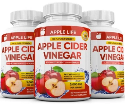 3 X Pure APPLE CIDER VINEGAR ACV 3000mg PURE WEIGHT LOSS FAT BURNER Diet Pills - Image 1 of 4