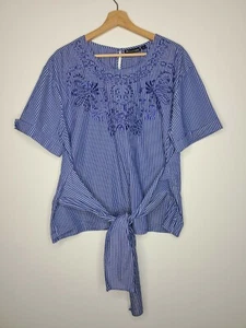 New York and Co Womens Top Blue Stripe Embroidered Blouse Tie Waist Size XL - Picture 1 of 7