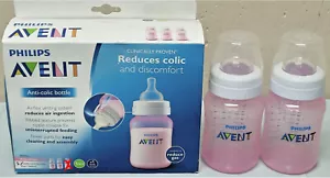2 NEW Phillips AVENT Anti-Colic Wide Neck Bottles, 9 oz PINK EDITION (1 mo old+) - Picture 1 of 10