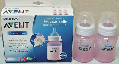 2 NEW Phillips AVENT Anti-Colic Wide Neck Bottles, 9 oz PINK EDITION (1 mo old+) - Image 1 of 4