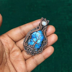 Blue Flash Labradorite Tree of Life Pendant Copper Wire Wrap Jewelry Gift NK549 - Picture 1 of 20