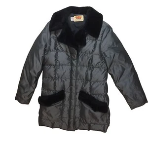 Womens Down Puffer Coat Size L Gray With Black Faux Fur Trim Comfy USA - Picture 1 of 10