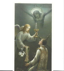 ANTIQUE PIOUS IMAGE ORDINATION WITH JESUS ON CROSS & ANGEL IMP. IN ITALY - Picture 1 of 1