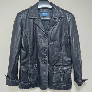 Tansmith Leather Jacket Coat Black White Stitching Mens Large Lined - Picture 1 of 15