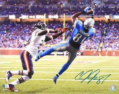 Foto de captura autografiada de Calvin Johnson de los Detroit Lions 16x20 - Beckett con holograma Foto 1 de 2