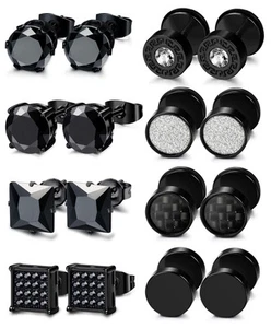 8 Pairs Stainless Steel Black CZ Stud Earrings Set for Men Women Silver Cubic... - Picture 1 of 7