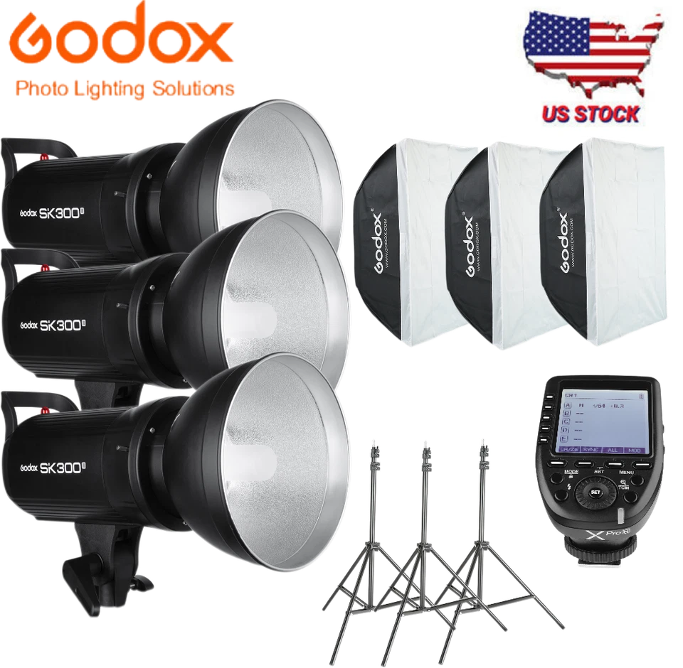 US 3Pcs Godox SK300II Studio Flash Strobe 2.4G Speedlite Flash+XPro-N Trigger - Image 1 of 4