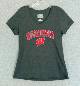 NEW! Fanatics University of Wisconsin Badgers Womens Medium T-Shirt Gray V-Neck - Picture 1 of 8