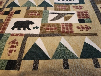 VTG Quilt Double Sided Queen Size 90x100" Plaid multi-color bears fish 2 shams - Image 1 of 4