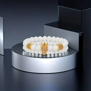 Fashion Simple Clean White Jade Set Bracelet Men Copper Inlaid Crown Bracelets - Picture 1 of 9
