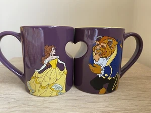 Disney Belle Beauty & The Beast Signature Heart Pair Of Mugs Purple - Picture 1 of 12