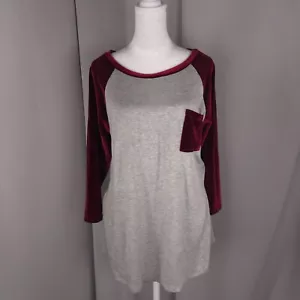 Womens Top Large Burgundy Velvet Trimmed Baseball T-Shirt Athleisure Sporty NEW - Picture 1 of 8