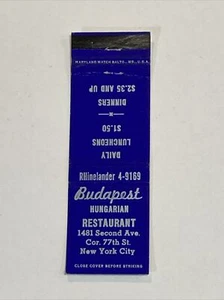 DE COLECCIÓN PORTADA MATCHBOOK Budapest restaurante húngaro, Nueva York, Nueva York - Imagen 1 de 2