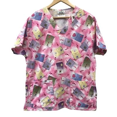 Crest Scrub Top Womens Medium Breast Cancer Pink Ribbon White - Image 1 of 4